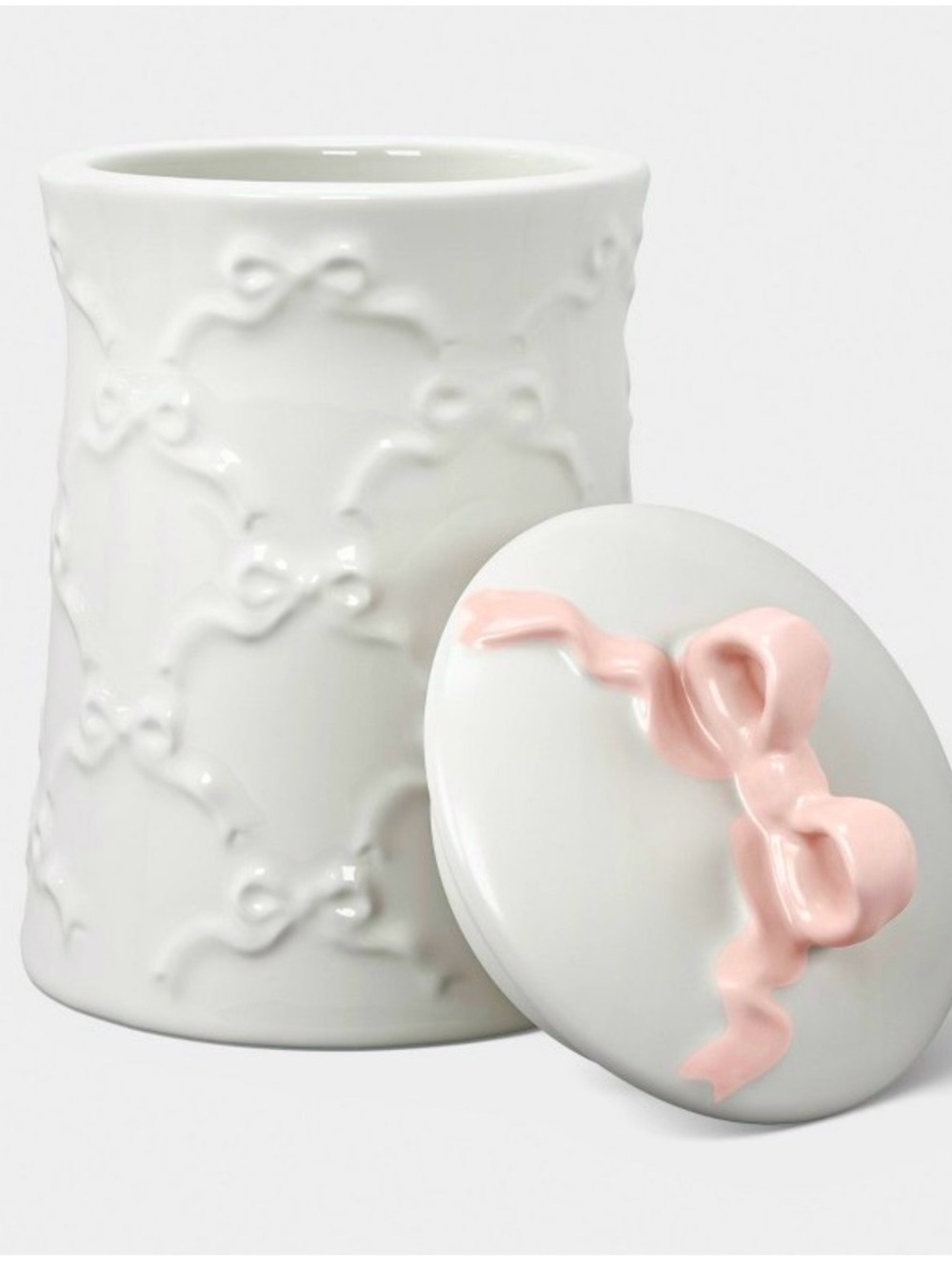 🆕- White Ceramic Decorative Canister Set with Pink Ribbon Accents - Picture 5 of 10
